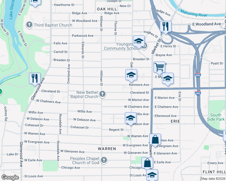 map of restaurants, bars, coffee shops, grocery stores, and more near 169 Kenmore Avenue in Youngstown