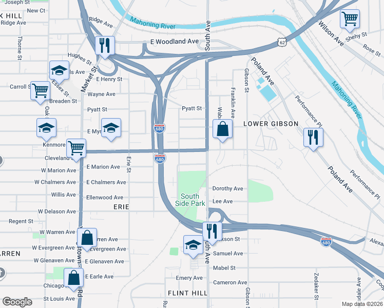 map of restaurants, bars, coffee shops, grocery stores, and more near 430 Williamson Avenue in Youngstown