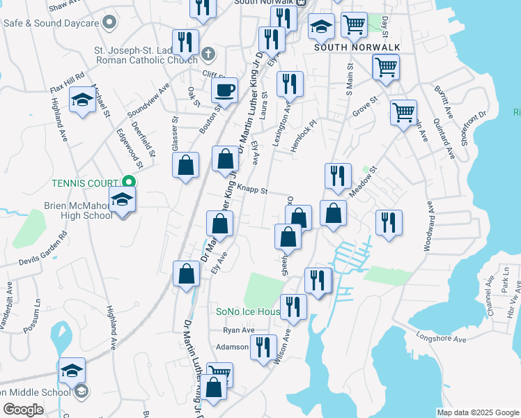 map of restaurants, bars, coffee shops, grocery stores, and more near 116 Lexington Avenue in Norwalk