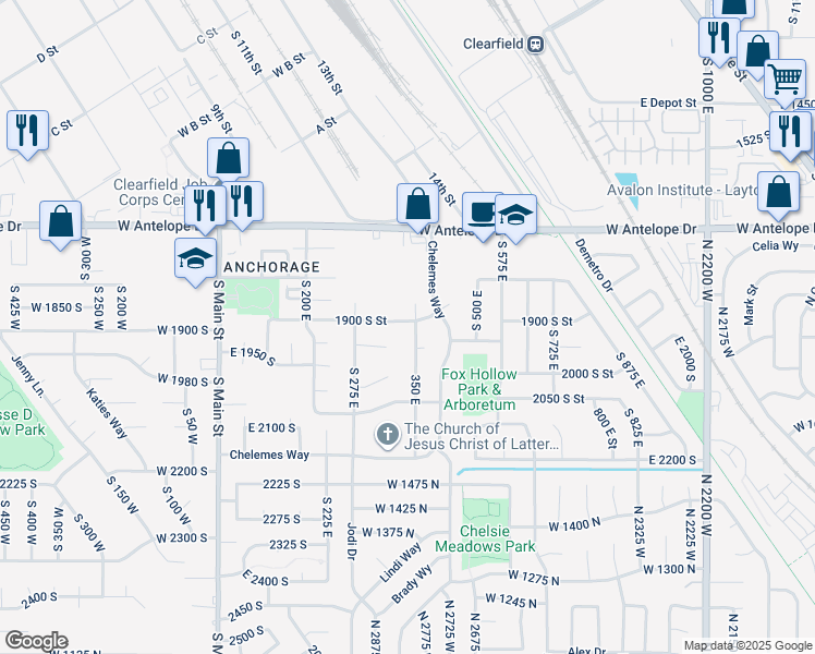 map of restaurants, bars, coffee shops, grocery stores, and more near 1906 350 East in Clearfield
