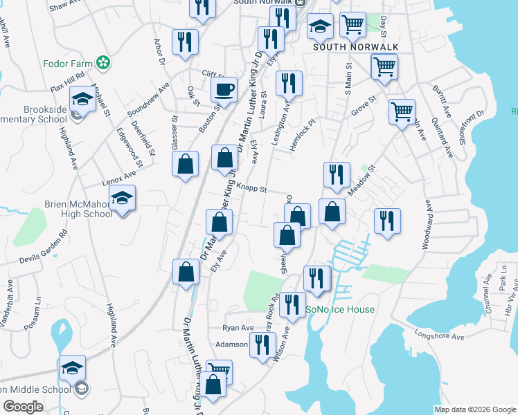 map of restaurants, bars, coffee shops, grocery stores, and more near 116 Lexington Avenue in Norwalk