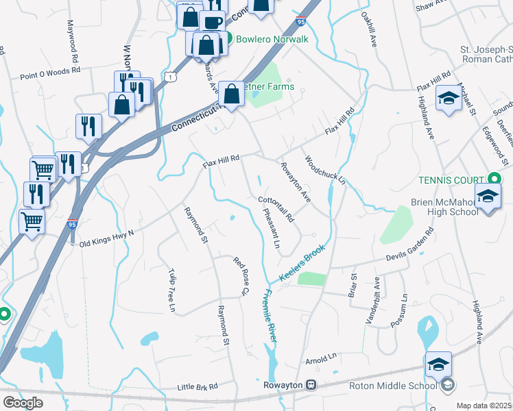 map of restaurants, bars, coffee shops, grocery stores, and more near 17 Pheasant Lane in Norwalk