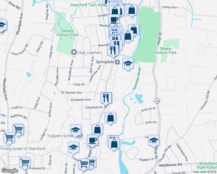 map of restaurants, bars, coffee shops, grocery stores, and more near 800 Hope Street in Stamford