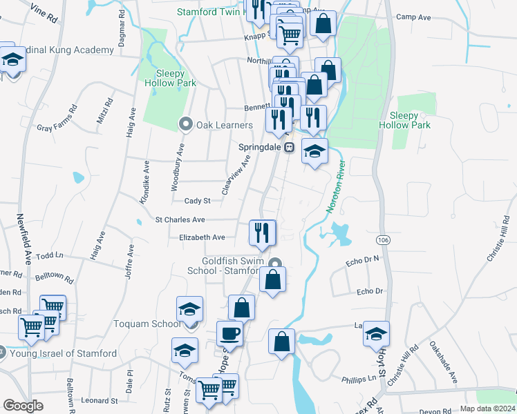 map of restaurants, bars, coffee shops, grocery stores, and more near 800 Hope Street in Stamford