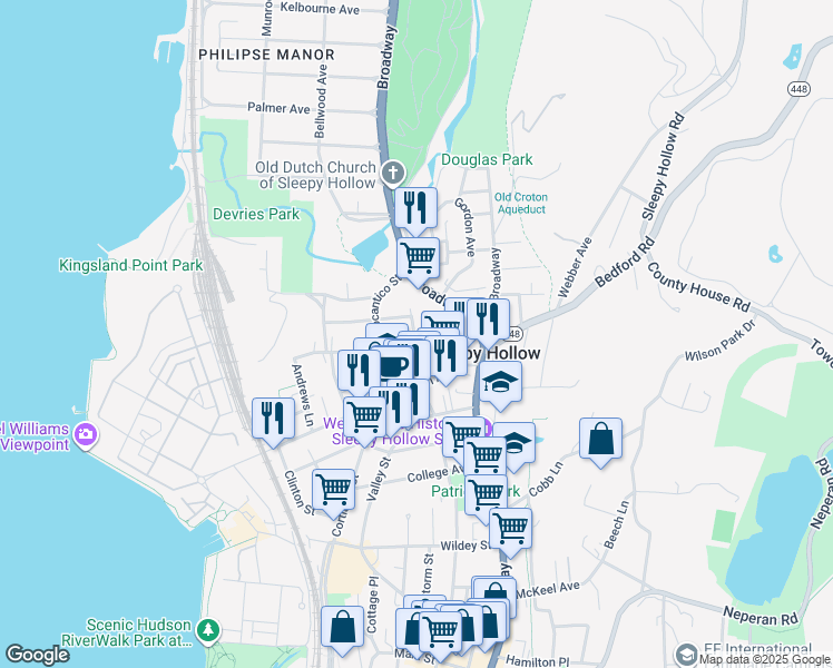 map of restaurants, bars, coffee shops, grocery stores, and more near 291 North Washington Street in Sleepy Hollow