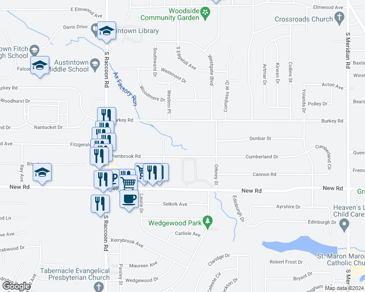 map of restaurants, bars, coffee shops, grocery stores, and more near 4206 Pembrook Road in Youngstown