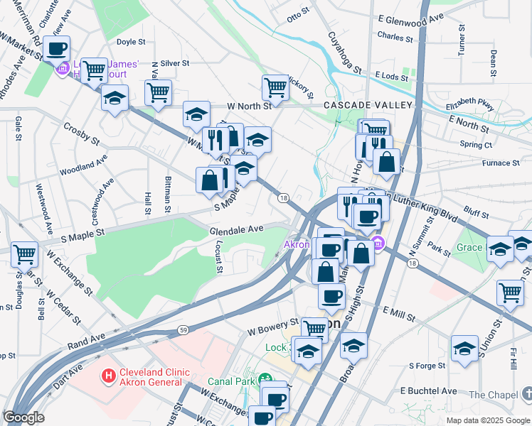 map of restaurants, bars, coffee shops, grocery stores, and more near 4 South Bates Street in Akron