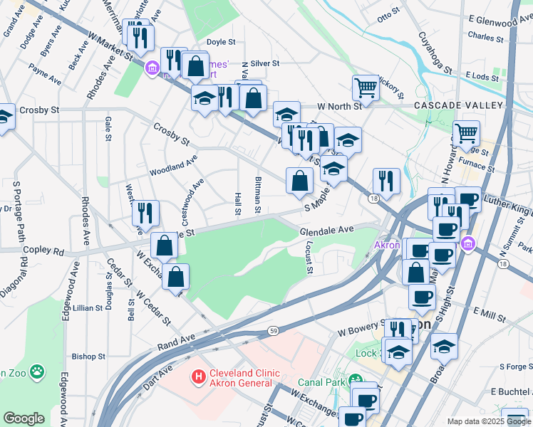 map of restaurants, bars, coffee shops, grocery stores, and more near 119 Bittman Street in Akron