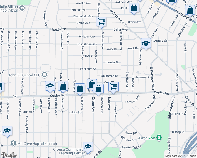 map of restaurants, bars, coffee shops, grocery stores, and more near 410 Grace Avenue in Akron
