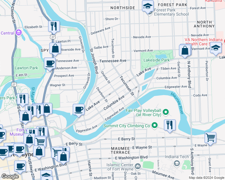 map of restaurants, bars, coffee shops, grocery stores, and more near 1125 Oneida Street in Fort Wayne