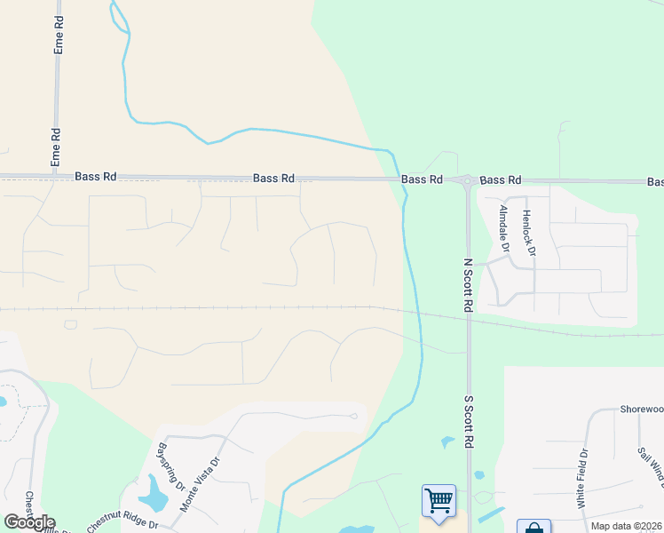 map of restaurants, bars, coffee shops, grocery stores, and more near 10401-11099 Bass Road in Fort Wayne