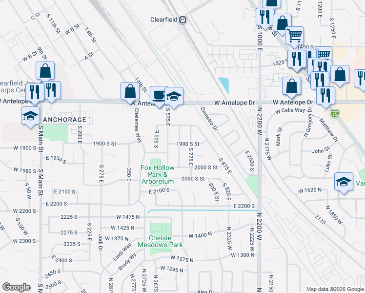 map of restaurants, bars, coffee shops, grocery stores, and more near 1901 South 650 East in Clearfield