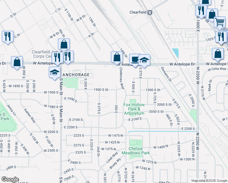 map of restaurants, bars, coffee shops, grocery stores, and more near 1906 350 East in Clearfield