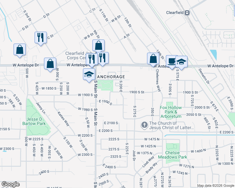 map of restaurants, bars, coffee shops, grocery stores, and more near 1896 South 200 East in Clearfield