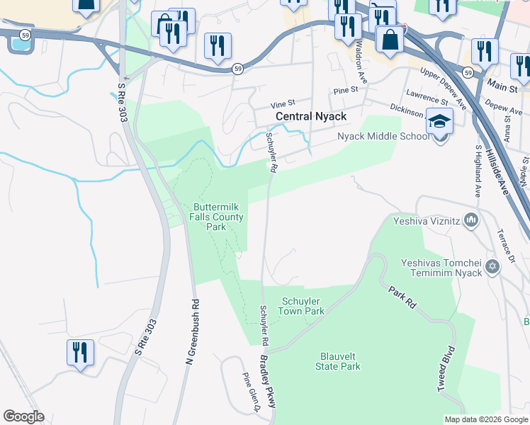 map of restaurants, bars, coffee shops, grocery stores, and more near 35 Schuyler Road in Blauvelt