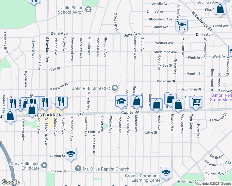 map of restaurants, bars, coffee shops, grocery stores, and more near 1040 Copley Road in Akron