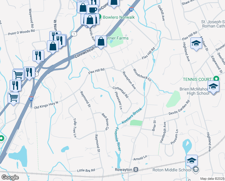 map of restaurants, bars, coffee shops, grocery stores, and more near 17 Pheasant Lane in Norwalk