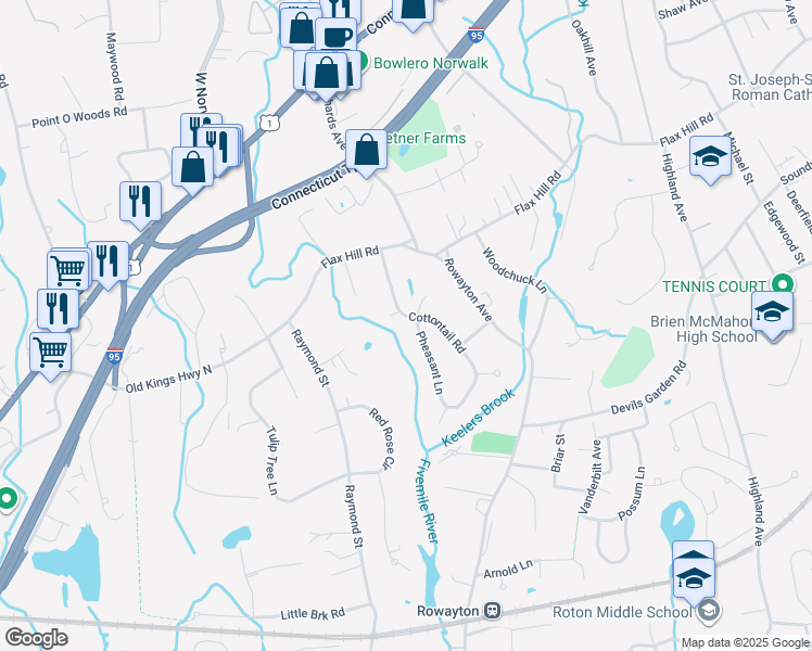 map of restaurants, bars, coffee shops, grocery stores, and more near 17 Pheasant Lane in Norwalk