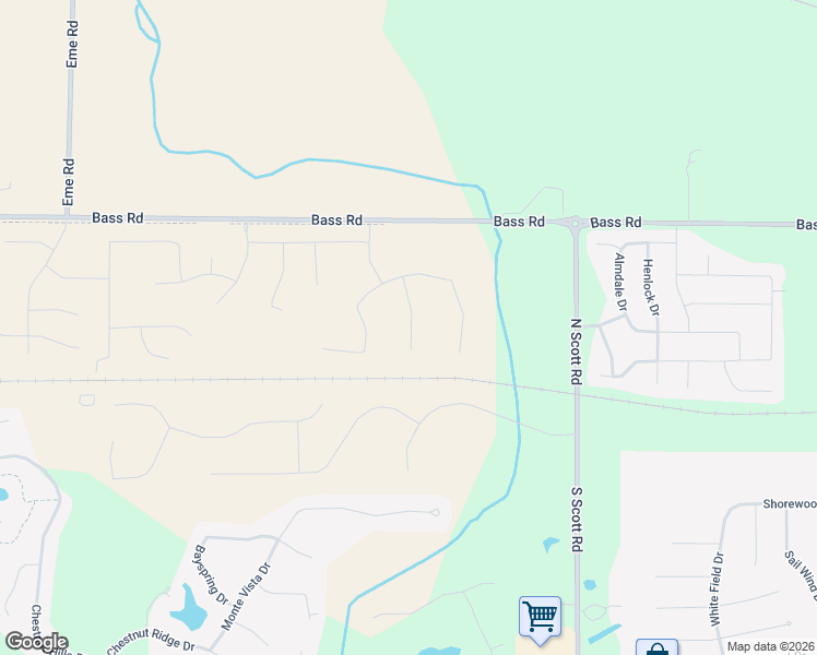 map of restaurants, bars, coffee shops, grocery stores, and more near 10401-11099 Bass Road in Fort Wayne