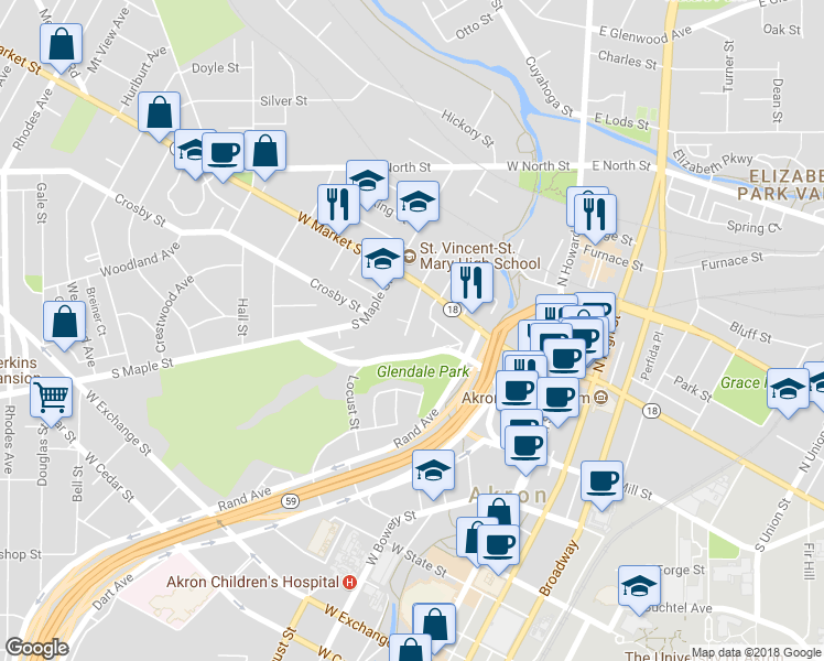 map of restaurants, bars, coffee shops, grocery stores, and more near 49 South Walnut Street in Akron