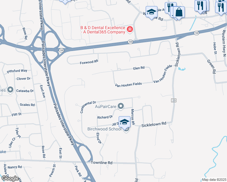 map of restaurants, bars, coffee shops, grocery stores, and more near 113 Van Houten Fields in West Nyack