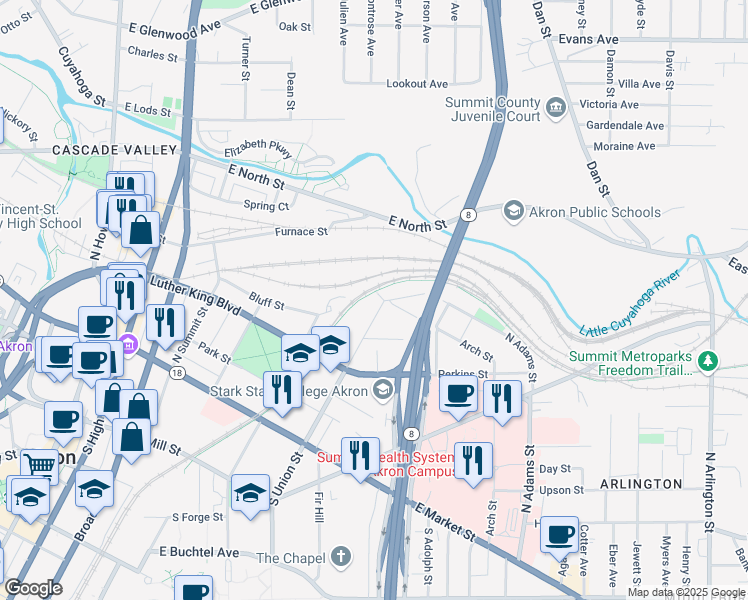 map of restaurants, bars, coffee shops, grocery stores, and more near 190 North Union Street in Akron