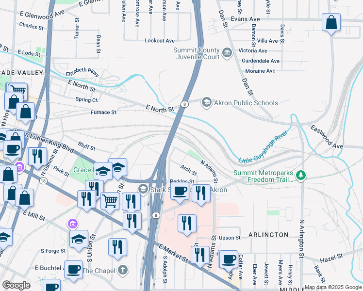 map of restaurants, bars, coffee shops, grocery stores, and more near 347 North Adams Street in Akron