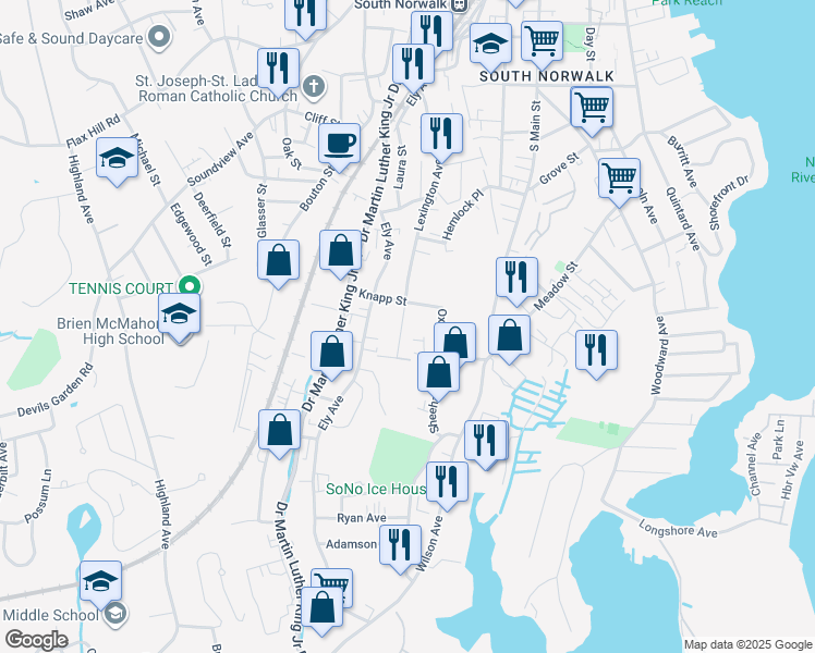 map of restaurants, bars, coffee shops, grocery stores, and more near 24 1/2 Knapp Street in Norwalk