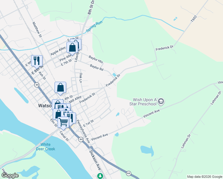 map of restaurants, bars, coffee shops, grocery stores, and more near Fredericks Dr in Watsontown