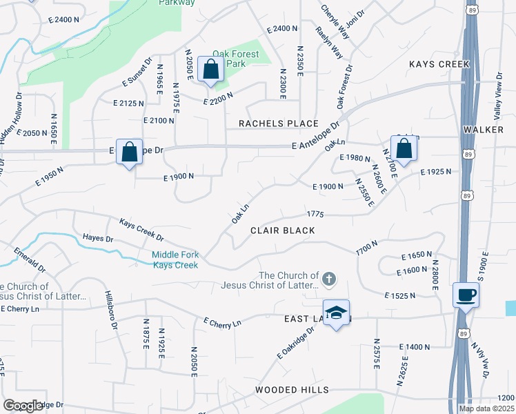 map of restaurants, bars, coffee shops, grocery stores, and more near 2210 Oak Lane in Layton
