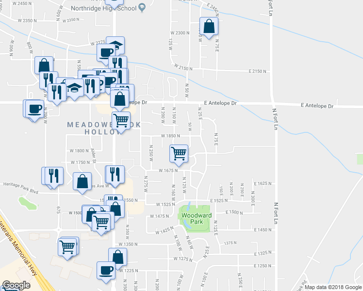 map of restaurants, bars, coffee shops, grocery stores, and more near 1776 North Belvedere Way in Layton