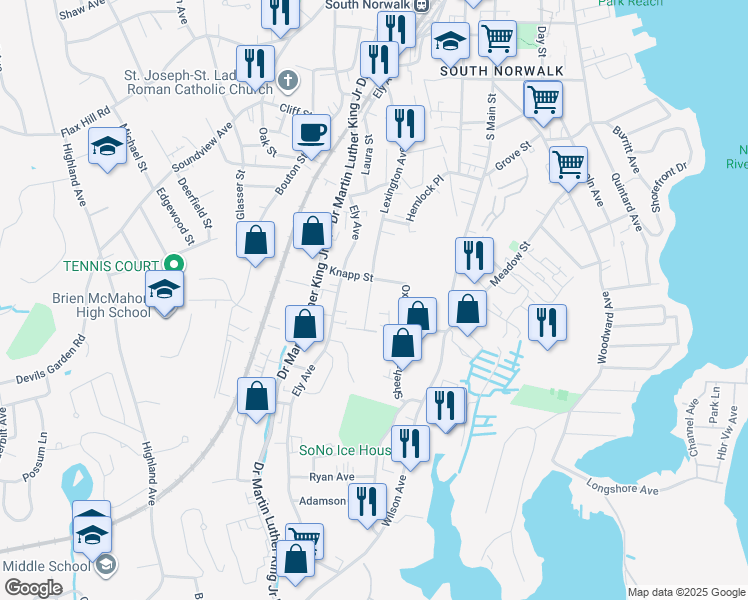map of restaurants, bars, coffee shops, grocery stores, and more near 24 1/2 Knapp Street in Norwalk