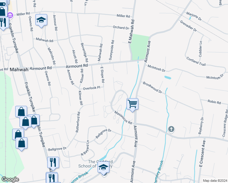 map of restaurants, bars, coffee shops, grocery stores, and more near 1498 Cornwall Road in Mahwah