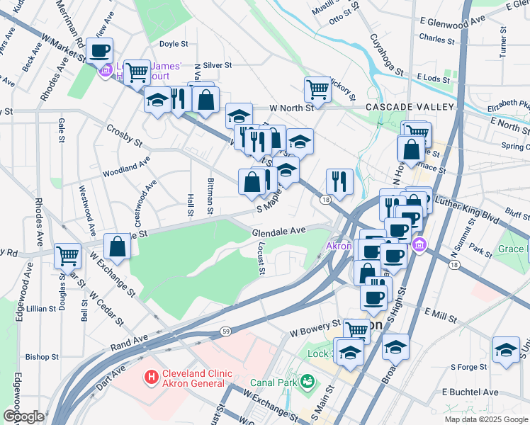 map of restaurants, bars, coffee shops, grocery stores, and more near 77 South Maple Street in Akron