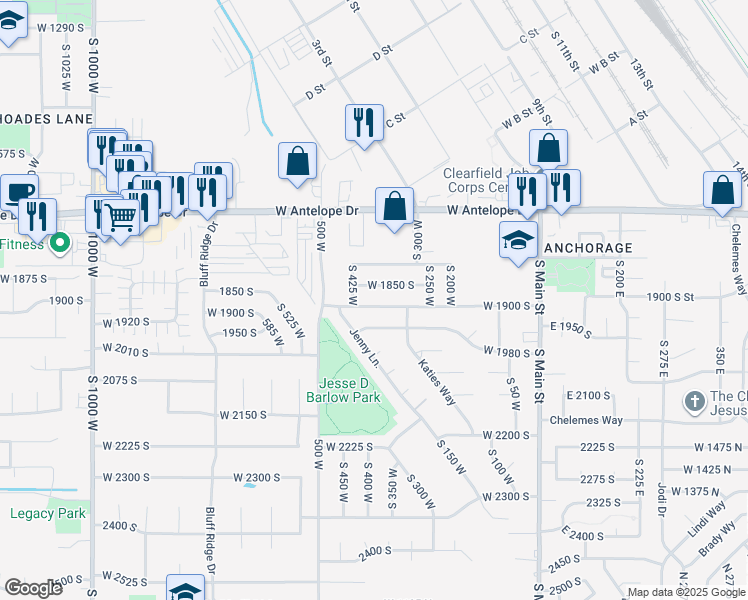 map of restaurants, bars, coffee shops, grocery stores, and more near 391 West 1850 South in Clearfield