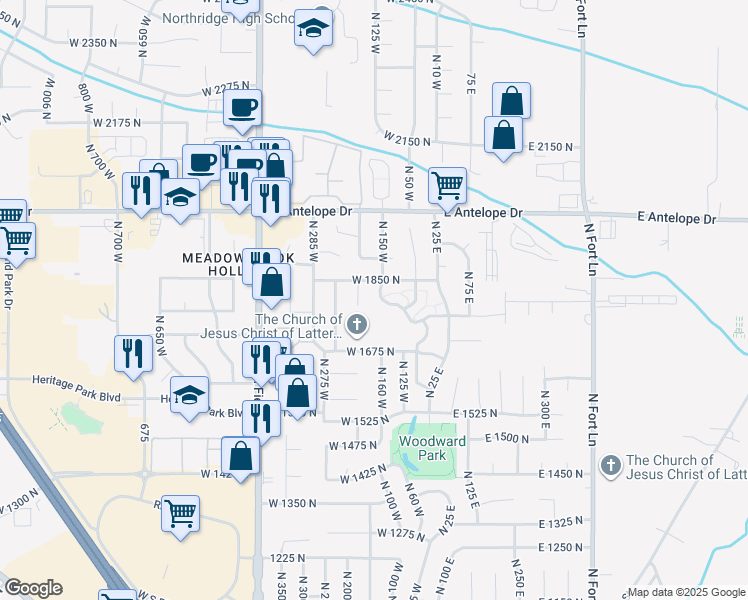 map of restaurants, bars, coffee shops, grocery stores, and more near 1797 North Belvedere Way in Layton