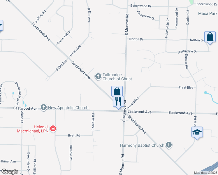 map of restaurants, bars, coffee shops, grocery stores, and more near 793 Southeast Ave in Tallmadge