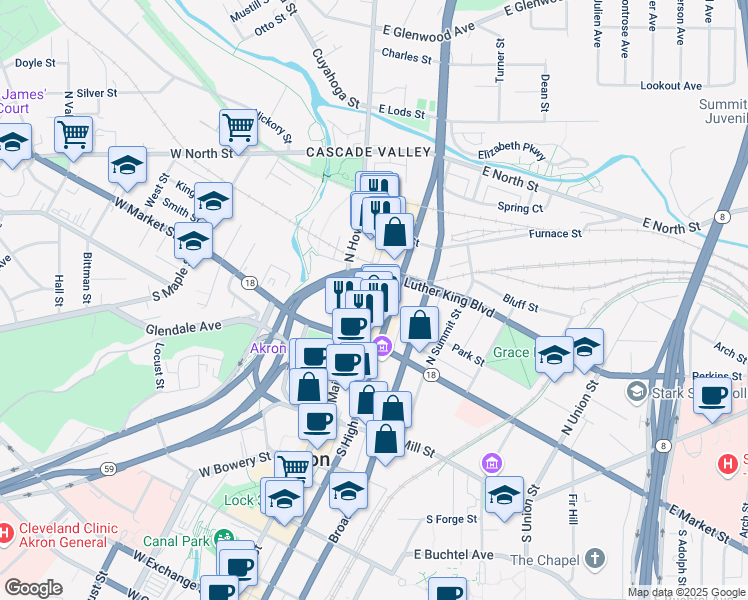 map of restaurants, bars, coffee shops, grocery stores, and more near 47 North Main Street in Akron