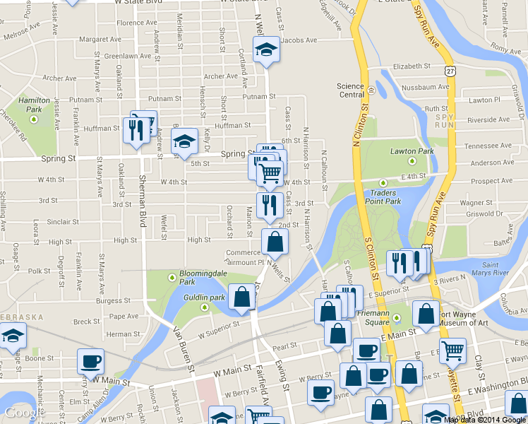 map of restaurants, bars, coffee shops, grocery stores, and more near 1321 North Wells Street in Fort Wayne