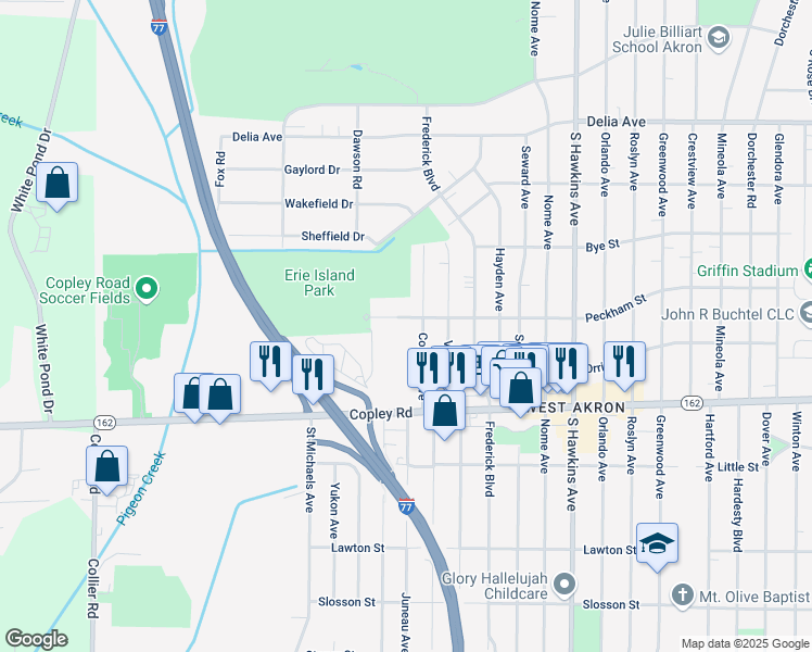 map of restaurants, bars, coffee shops, grocery stores, and more near 1504 Peckham Street in Akron