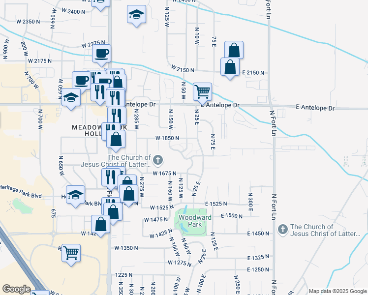 map of restaurants, bars, coffee shops, grocery stores, and more near 1776 North Belvedere Way in Layton