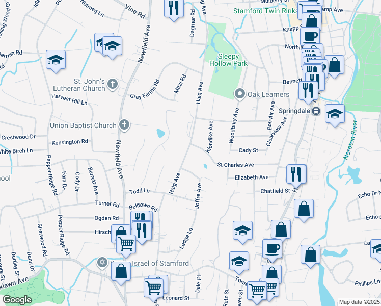 map of restaurants, bars, coffee shops, grocery stores, and more near 83 Haig Avenue in Stamford