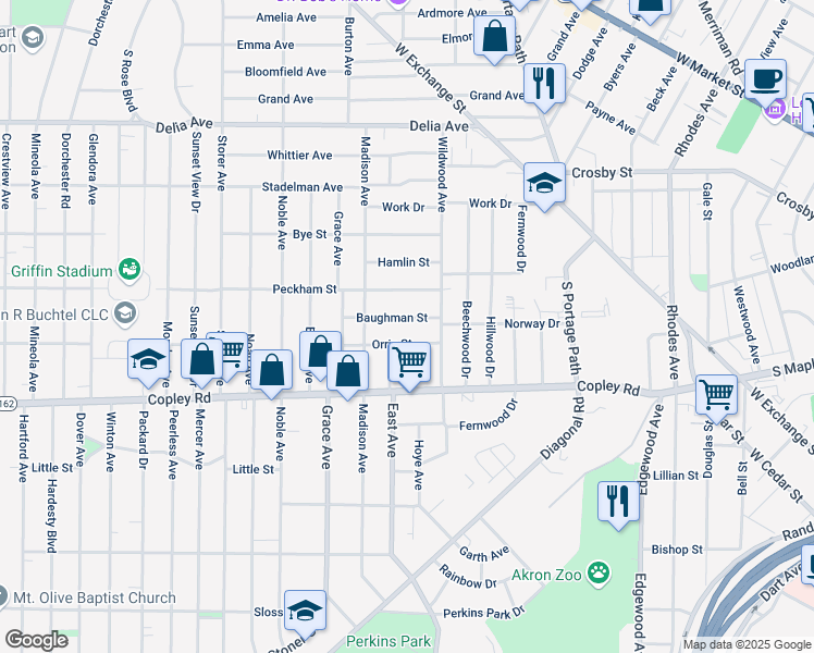 map of restaurants, bars, coffee shops, grocery stores, and more near 900 Baughman St in Akron