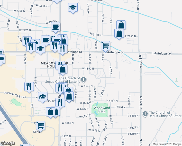 map of restaurants, bars, coffee shops, grocery stores, and more near 1776 North Belvedere Way in Layton