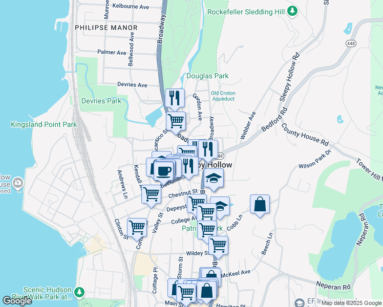 map of restaurants, bars, coffee shops, grocery stores, and more near 38 Lawrence Avenue in Tarrytown