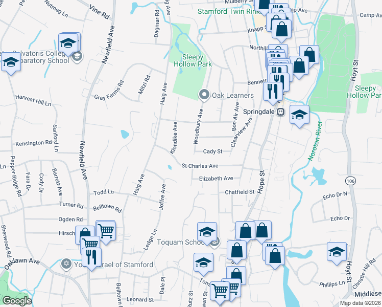 map of restaurants, bars, coffee shops, grocery stores, and more near 22 Woodbury Avenue in Stamford