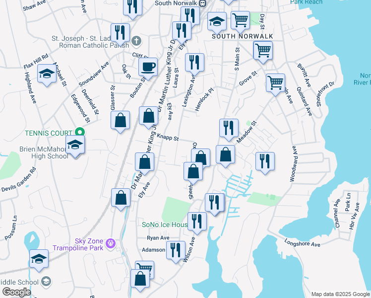 map of restaurants, bars, coffee shops, grocery stores, and more near 24 1/2 Knapp Street in Norwalk