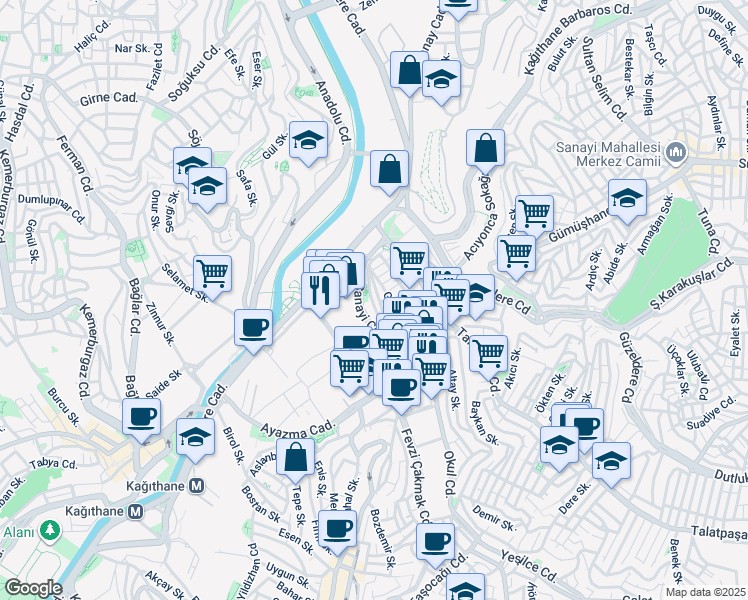 map of restaurants, bars, coffee shops, grocery stores, and more near 34/A Mithatpaşa Caddesi in Kağıthane