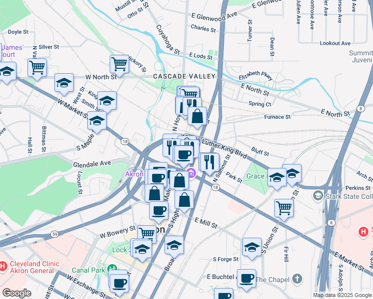 map of restaurants, bars, coffee shops, grocery stores, and more near 47 North Main Street in Akron