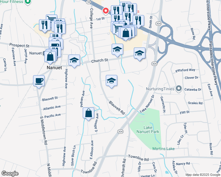 map of restaurants, bars, coffee shops, grocery stores, and more near 50 Blauvelt Road in Nanuet